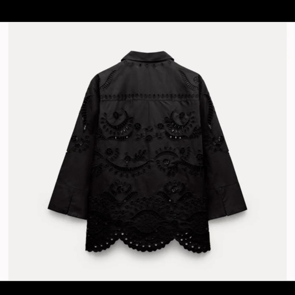 Zara Black Embroidered Eyelet Scallop Hem Blouse size Small - Picture 3 of 12